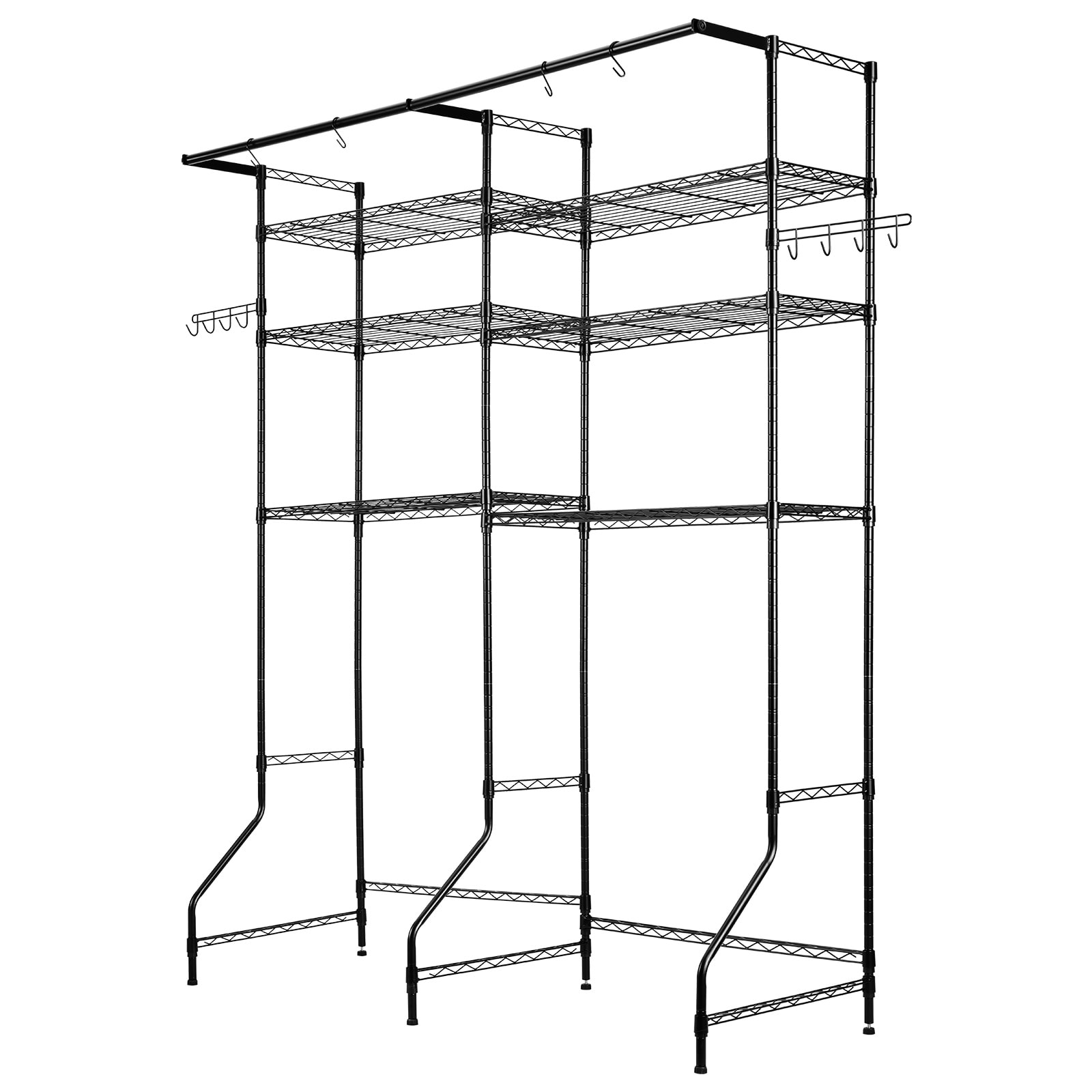 6 Tier Laundry Room Storage Shelf With Hanger Rod And Hooks Black_voghion.com